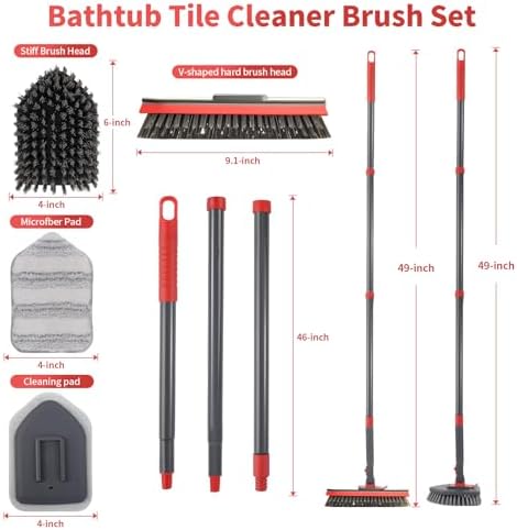 Hohoky Tile Tub Scrubber Brush No Scratch with 4 Heads and 51 Handle