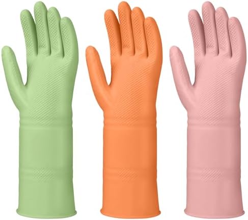 LYKACATT Reusable Rubber Dish Washing Gloves 3 Pair Non-Slip Kitchen Use