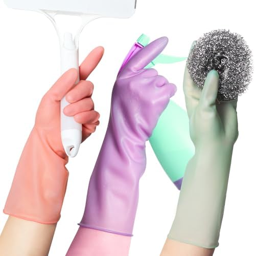 3 Pairs Natural Rubber Dishwashing Gloves for Hand Protection