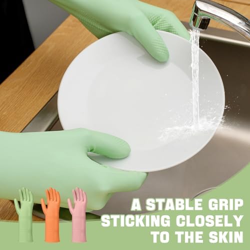 LYKACATT Reusable Rubber Dish Washing Gloves 3 Pair Non-Slip Kitchen Use