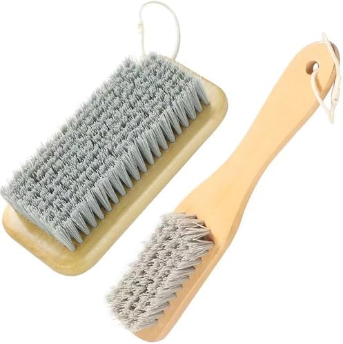 Ganganmax 2Pack Scrub Brush Set -Wood Handle Cleaning Tools for ShoesFabricBathroom