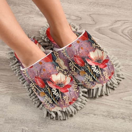 RunningBear Red Flowers Floral Mop Slippers for Women 1