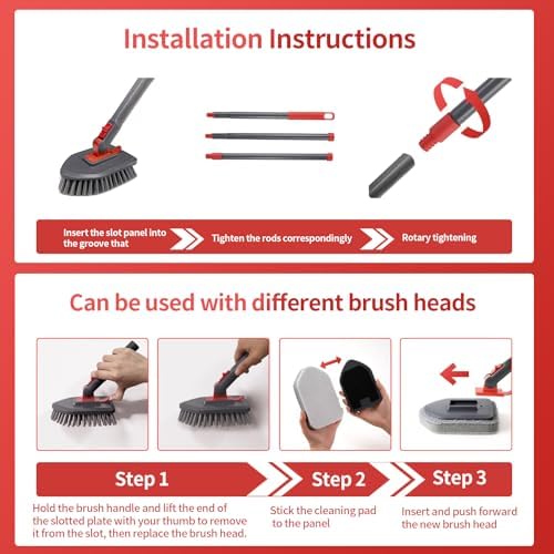 Hohoky Tile Tub Scrubber Brush No Scratch with 4 Heads and 51 Handle