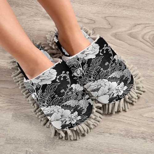 Zhirexin Black White Flowers Cleaning Slippers