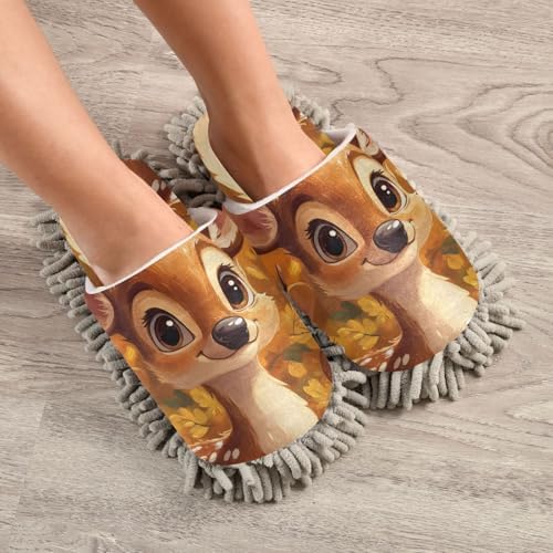 FLildon Microfiber Cleaning Slippers Cartoon Deer Mop Shoes for Men Women
