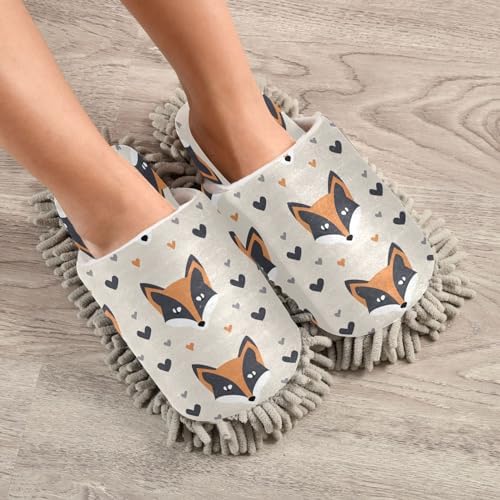 Fox Pattern with Hearts Microfiber Cleaning Slippers