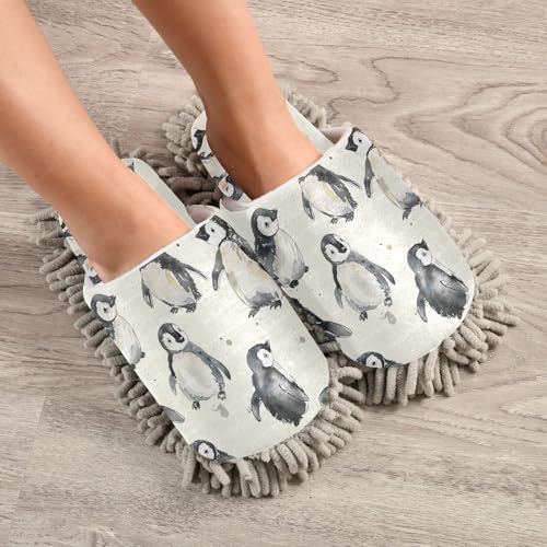 White Cute Penguins Mop Slippers for Home Floors